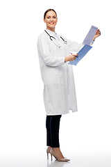 Image showing happy smiling female doctor with clipboard