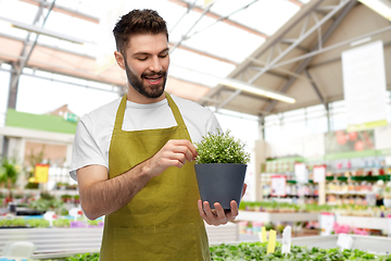 Image showing smiling male gardener with flower in pot at shop