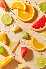 Image showing slices of different citrus fruits on wet surface