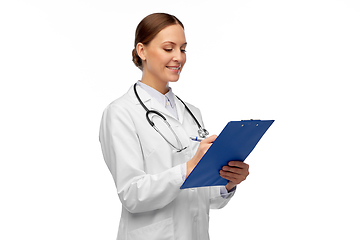 Image showing happy smiling female doctor with clipboard