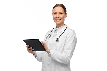 Image showing happy female doctor with tablet pc and stethoscope
