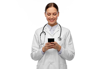 Image showing happy smiling female doctor with smartphone