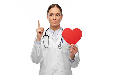 Image showing female doctor with heart pointing finger up