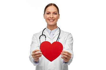 Image showing smiling female doctor with heart and stethoscope