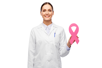 Image showing female doctor with breast cancer awareness ribbon