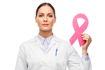 Image showing female doctor with breast cancer awareness ribbon