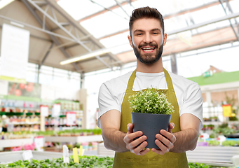 Image showing smiling male gardener with flower in pot at shop