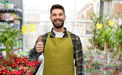 Image showing happy gardener showing thumbs up at flower shop