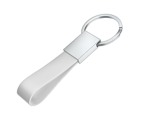 Image showing Silver keychain with white leather strap