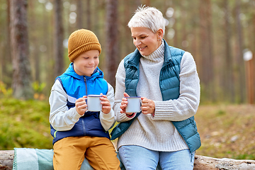 Image showing grandmother with grandson drinking tea in forest