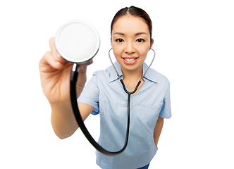 Image showing happy smiling asian female doctor with stethoscope