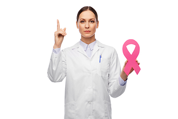 Image showing female doctor with breast cancer awareness ribbon