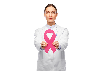 Image showing female doctor with breast cancer awareness ribbon