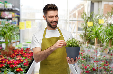 Image showing smiling male gardener with flower in pot at shop