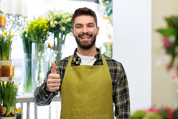 Image showing happy male seller showing thumbs up at flower shop