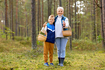 Image showing grandmother and grandson with mushrooms in forest