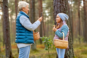 Image showing grandma photographing granddaughter with mushrooms