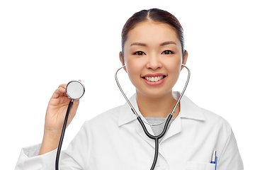 Image showing happy smiling asian female doctor in white coat