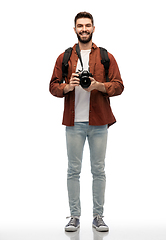 Image showing happy man or photographer with camera and backpack