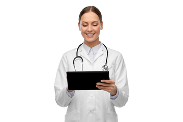 Image showing happy female doctor with tablet pc and stethoscope