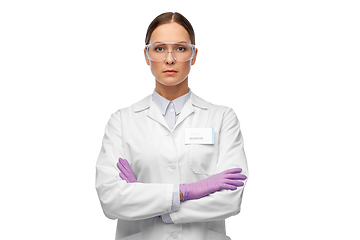 Image showing female scientist in goggles and gloves