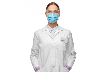 Image showing female scientist in medical mask and goggles