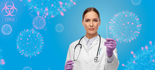 Image showing female doctor with test tube and cotton swab