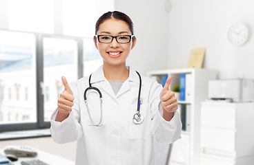 Image showing asian female doctor showing thumbs up at hospital