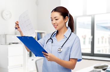 Image showing asian female doctor with cardiogram at hospital