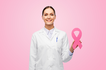 Image showing female doctor with breast cancer awareness ribbon