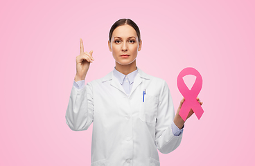 Image showing female doctor with breast cancer awareness ribbon