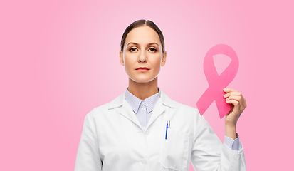 Image showing female doctor with breast cancer awareness ribbon