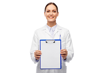 Image showing happy smiling female doctor with clipboard