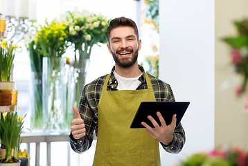 Image showing happy male gardener or farmer with tablet pc