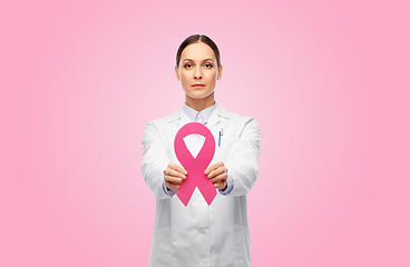 Image showing female doctor with breast cancer awareness ribbon