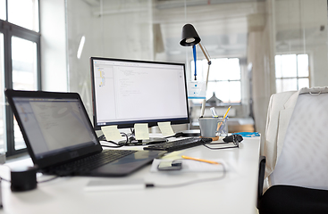 Image showing laptop computer and gadgets on table at office