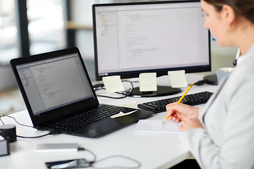 Image showing businesswoman with notebook and laptop at office