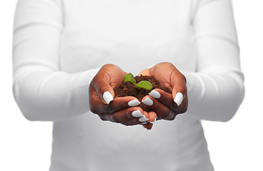 Image showing woman holding plant growing in handful of soil