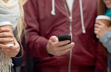 Image showing friends with smartphone and coffee outdoors