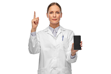 Image showing female doctor or scientist with smartphone