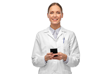 Image showing happy smiling female doctor with smartphone