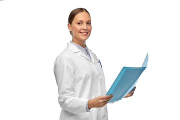 Image showing smiling female doctor or scientist with folder