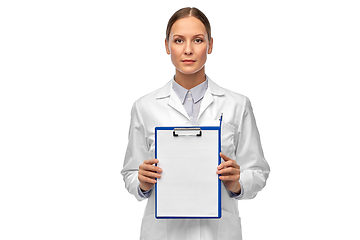 Image showing female doctor or scientist with clipboard