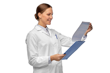 Image showing happy smiling female doctor with clipboard
