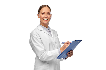 Image showing smiling female doctor or scientist with clipboard