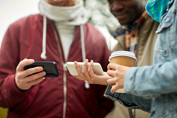 Image showing friends with smartphone and coffee outdoors