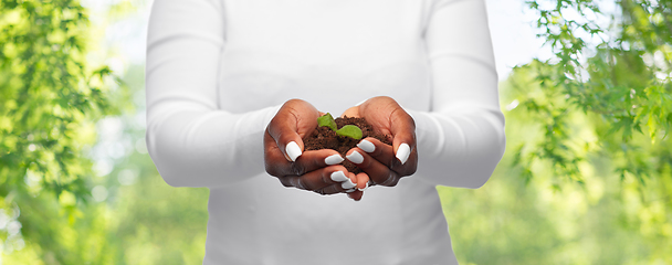 Image showing woman holding plant growing in handful of soil