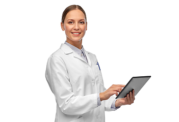 Image showing female doctor or scientist with tablet computer