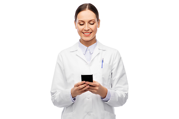 Image showing happy smiling female doctor with smartphone