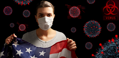 Image showing sick woman in face mask holding flag of america